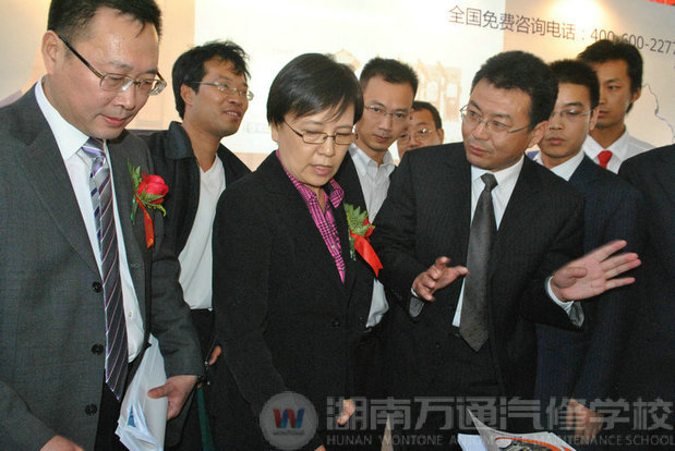 萬通負責人正在為教育部副部長魯昕（前排左二）介紹集團發(fā)展規(guī)劃